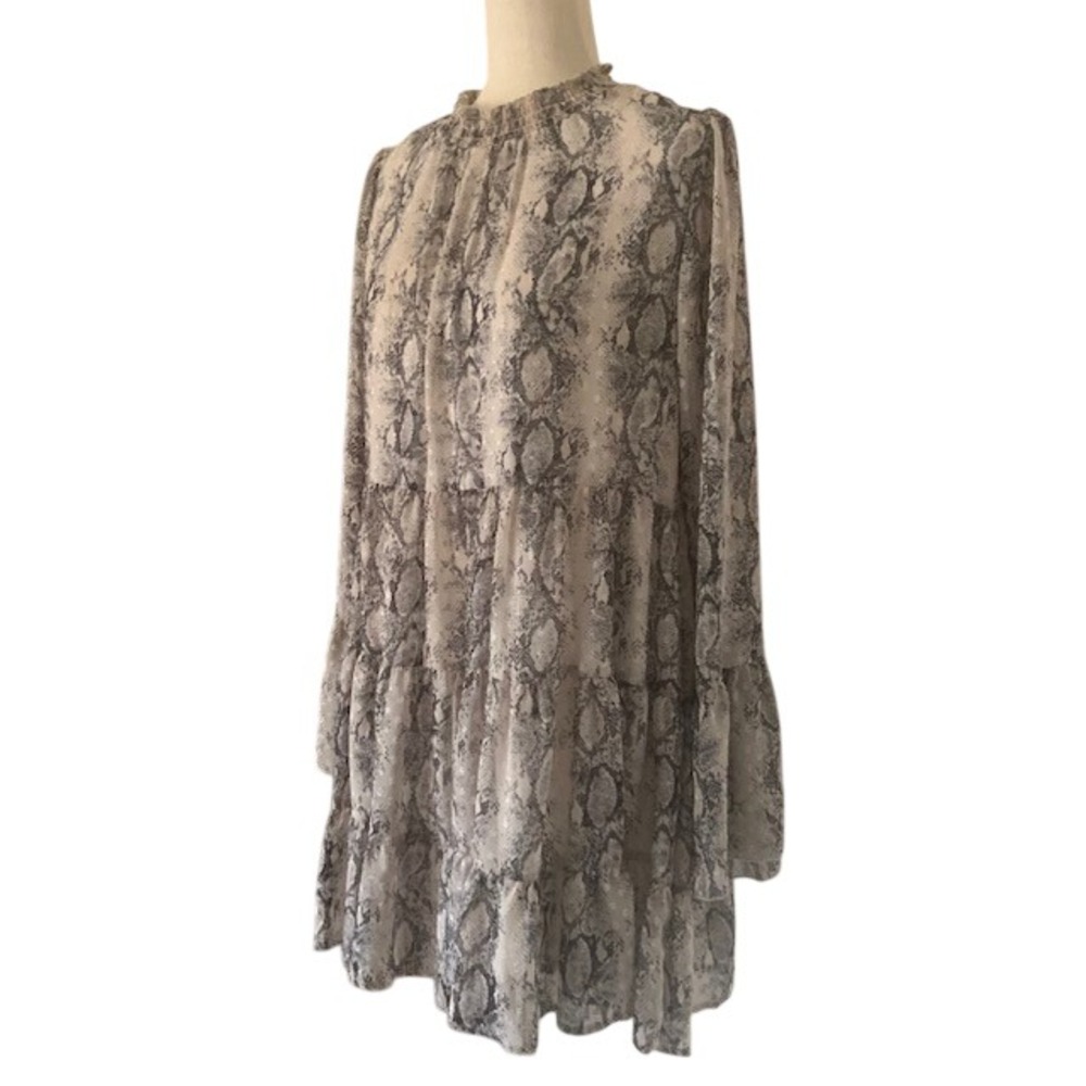 Altar'd State Snake Print Tiered Shift Dress L - Victorian Mock Neck Boho EUC